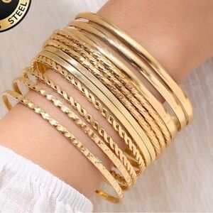 12pcs Stainless Steel Gold Color Bracelets Set